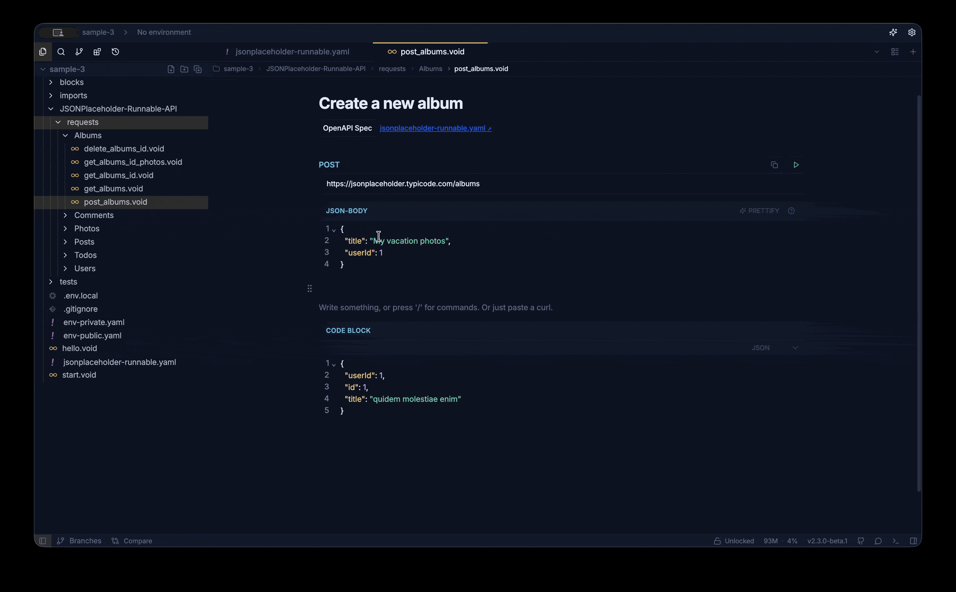 A generated request with a referenced auth block and an assertion block added
