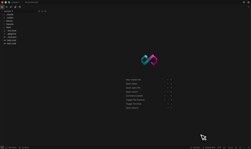 Clicking Initialize MCP in the Voiden status bar to register the current project
