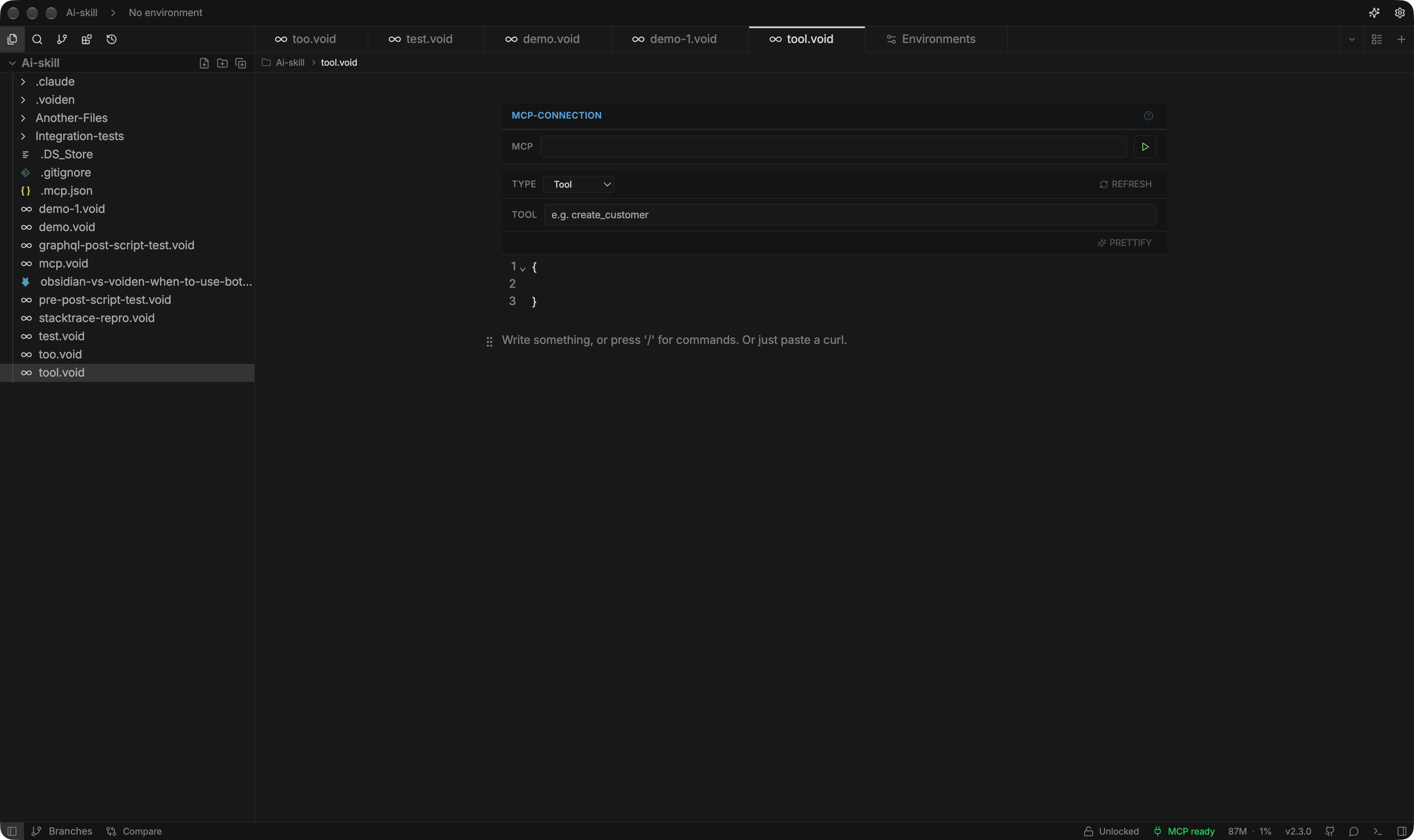 The MCP client block, showing the URL field and operation type picker