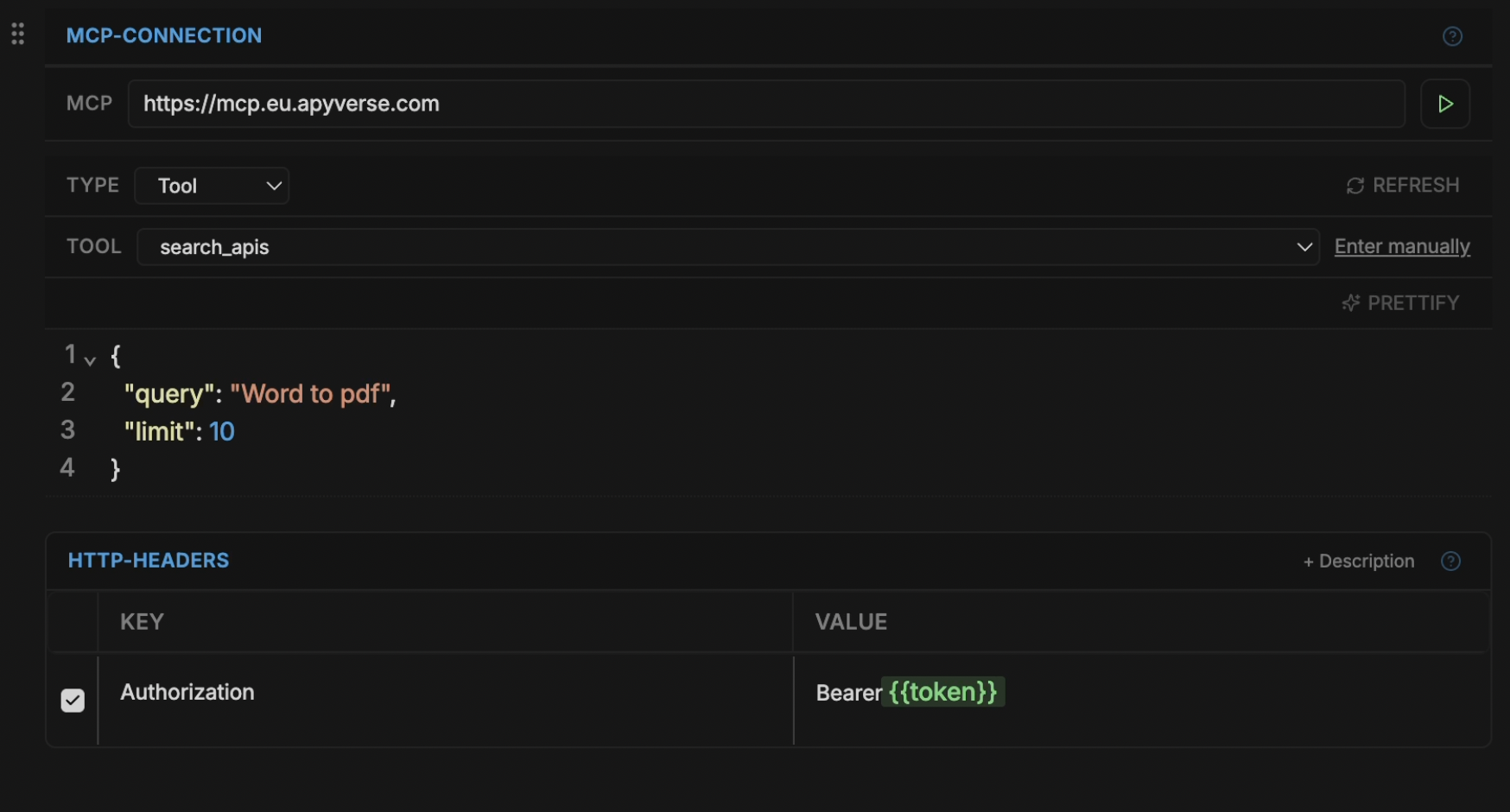 The MCP client block after picking a tool, with its arguments filled in automatically