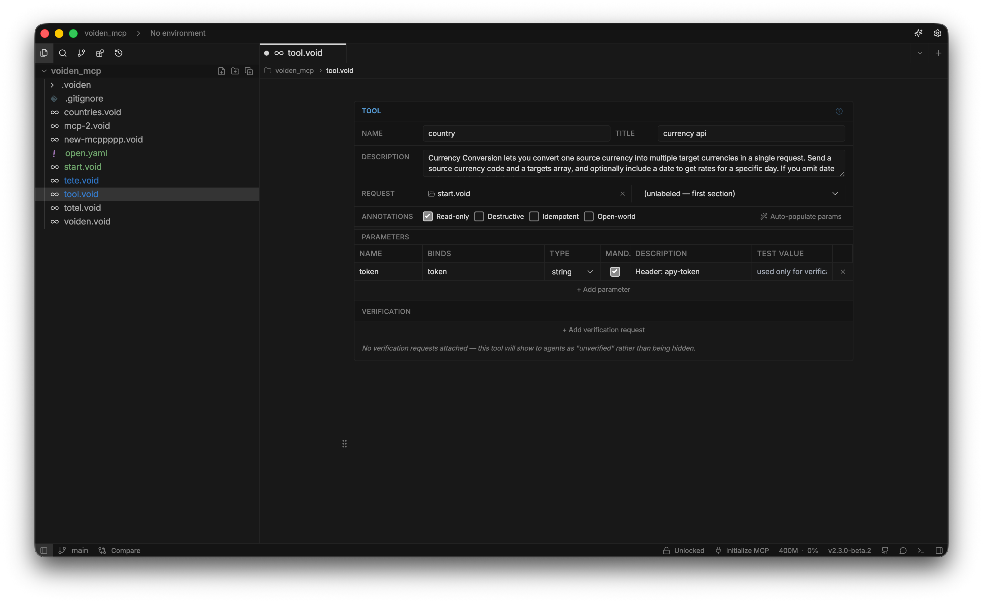 The tool block's form, with Name, Title, Description, and the MCP hint toggles
